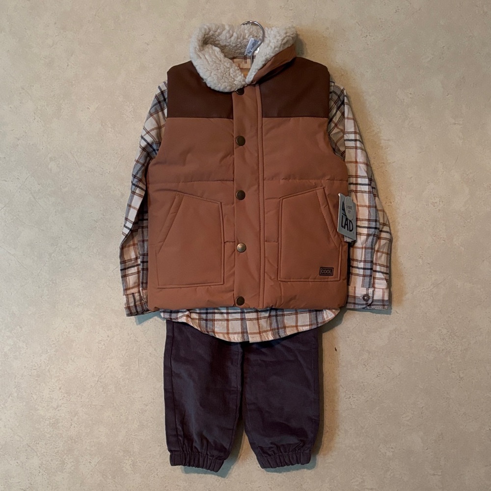 Tan, Cream, Gray Toddler Button Up Vest/Button Up/Pants Size 4T NWT